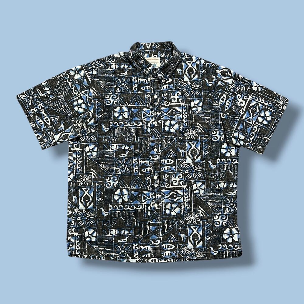 Vintage Hawaiian Shirt Geometric Print Tropical Art Button Down 80s Kahala Large